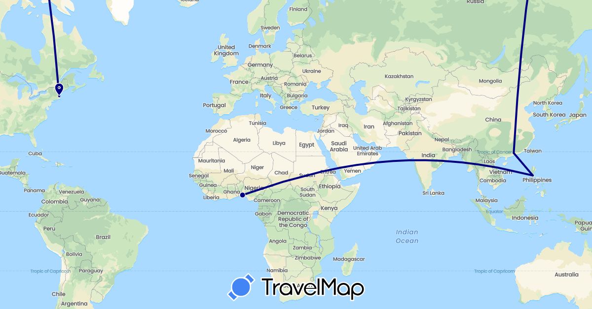 TravelMap itinerary: driving in China, Nigeria, Philippines, United States (Africa, Asia, North America)